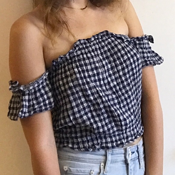 LAST CHANCE**Blue Gingham Off the Shoulder CropTop - Picture 2 of 7